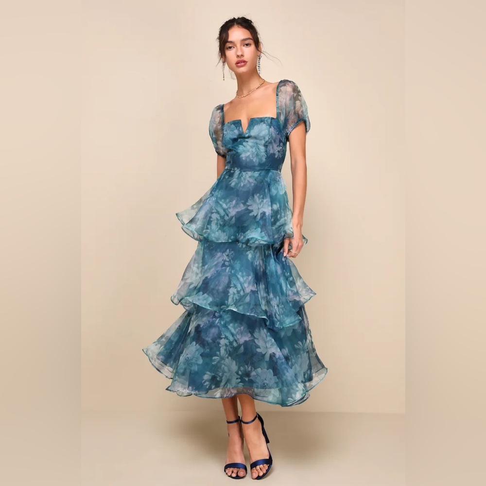 Darling Vision Teal Floral Organza Puff Sleeve Tiered Midi Dress